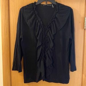Nic & Zoe Ruffle Pullover Sweater Silk Linen Black Size XL
